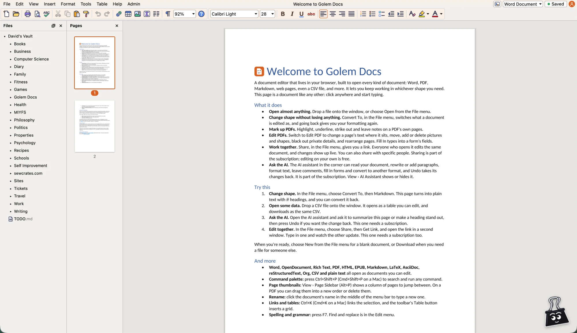 Golem Docs with an imported vault: the Files sidebar lists the vault's folders (Books, Business, Diary, Recipes, Writing and more) beside the open document